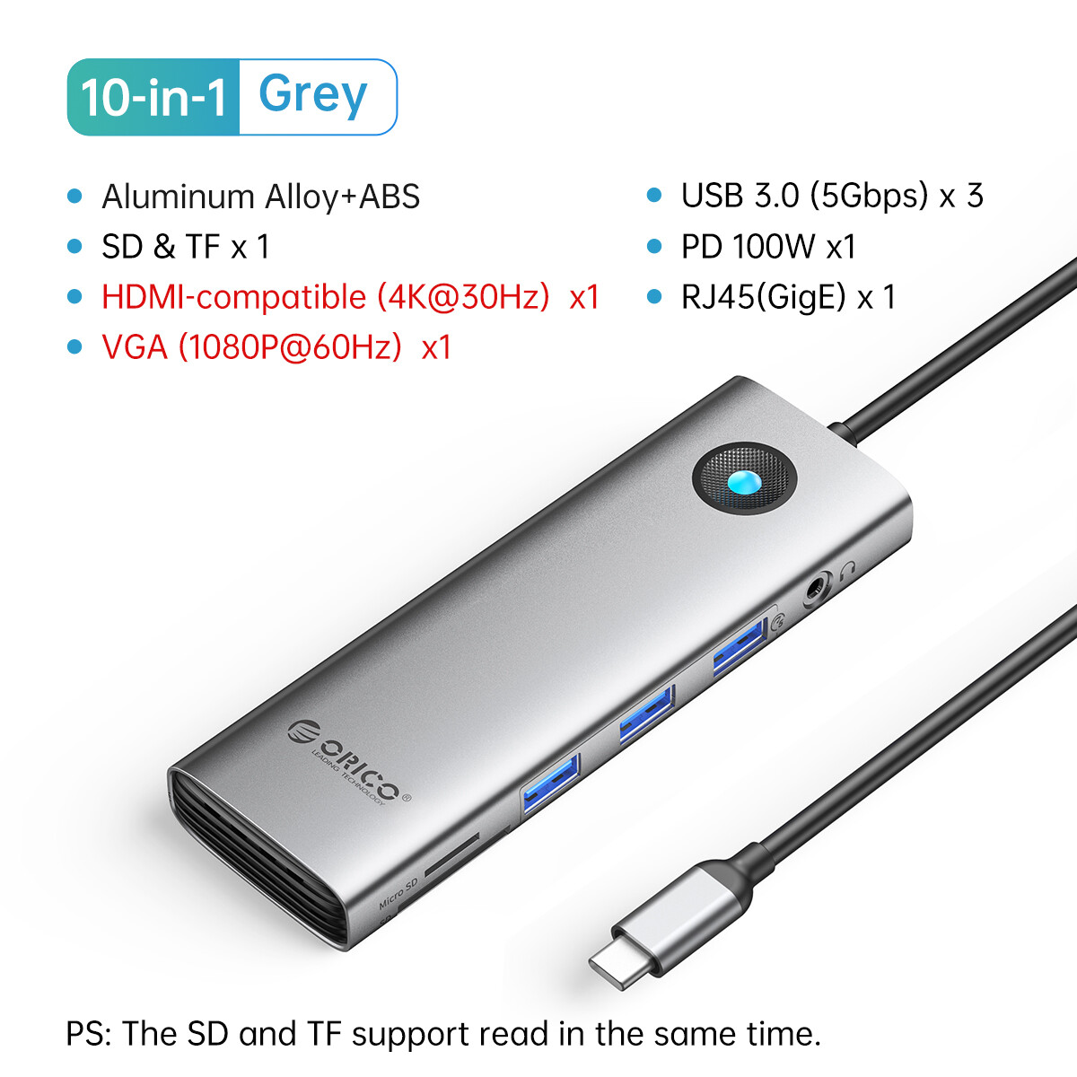 Orico usb hub docking station type c hub to 4k60hz hdmi-compatible usb 3.0 adapter rj45 pd100w charge for laptop accessories