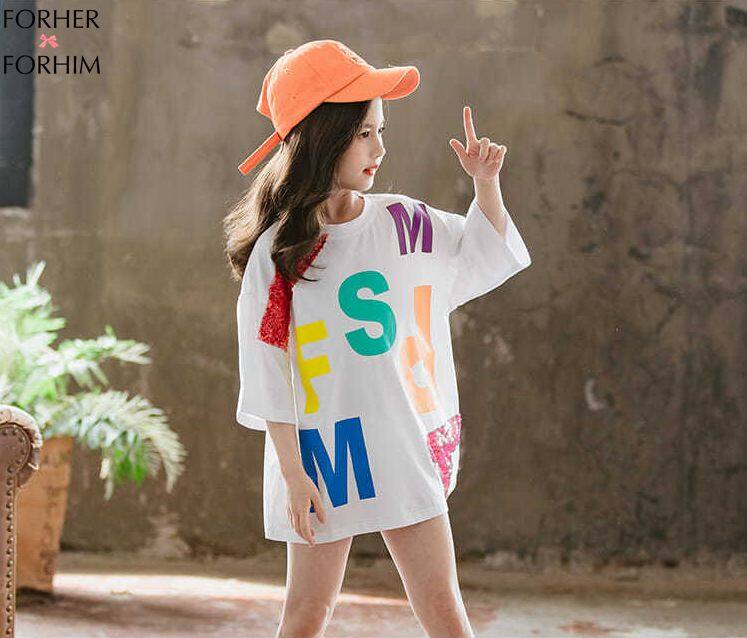 FORHER FORHIM Girls' Black Easy leisure t-shirts new A white dress with short sleeves children's T-shirt skirts style loose dress tide baby summer Dress HFB0075
