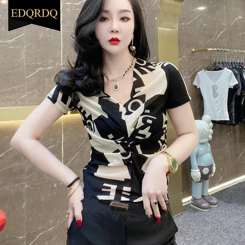 EDQRDQ Áo Sơ Mi Ngắn Tay Xếp Nếp Cổ Chữ V Ren In Chữ Cho Nữ Áo Dáng Ôm Thường Ngày Áo Cánh