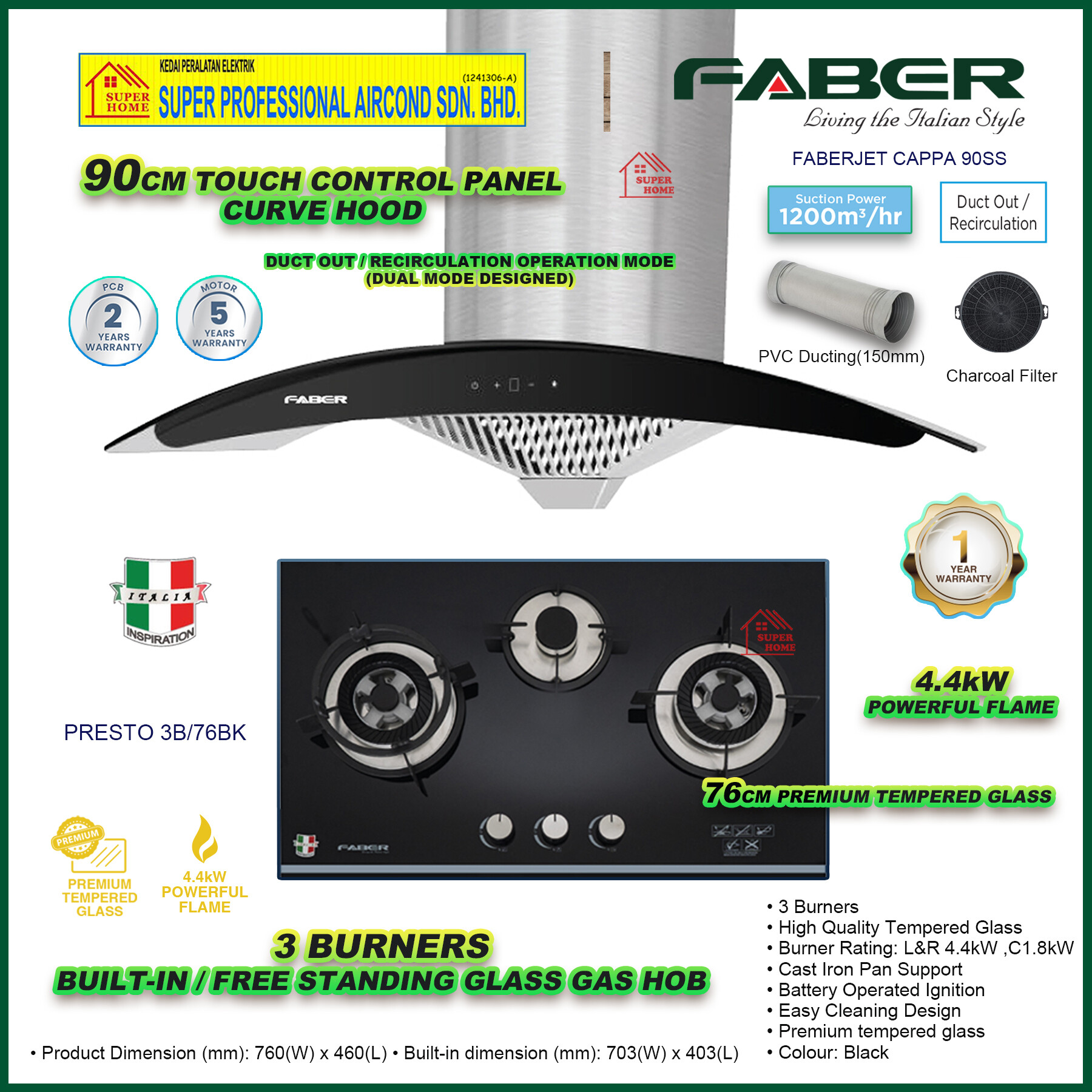 Faber Hood FABERJET CAPPA 90SS 90cm Curve Designer Cooker Hood ((Dual