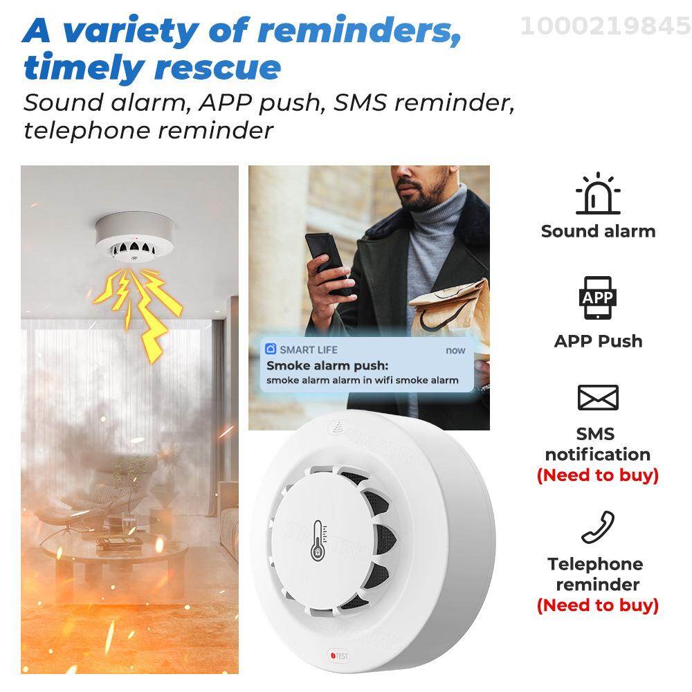 Cảm biến thông minh tuya Wifi BT hai kết nối máy dò khói nhiệt độ độ ẩm thiết bị đo lường 80dB báo động âm thanh với điện thoại di động ứng dụng từ xa đẩy cảnh báo chức năng tương thích với Alexa và Google nhà điều khiển bằng giọng nói