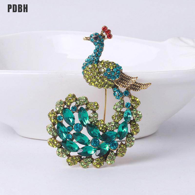 Fashion Full Rhinestone Shiny Peacock Brooch Green Rhinestone Peacock Jewelry