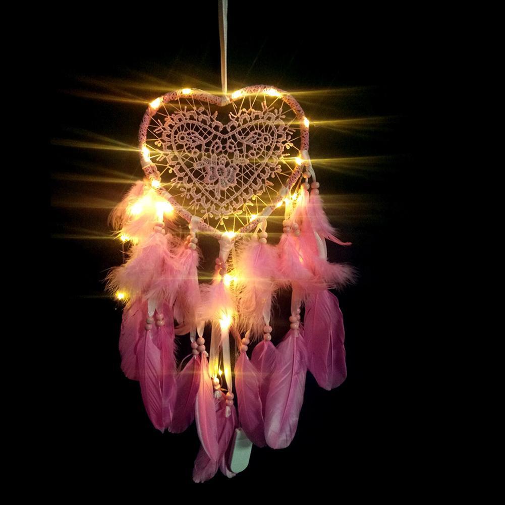 Love Heart Dream Catcher LED Light Feathers Wall Hanging Dreamcatcher Decor