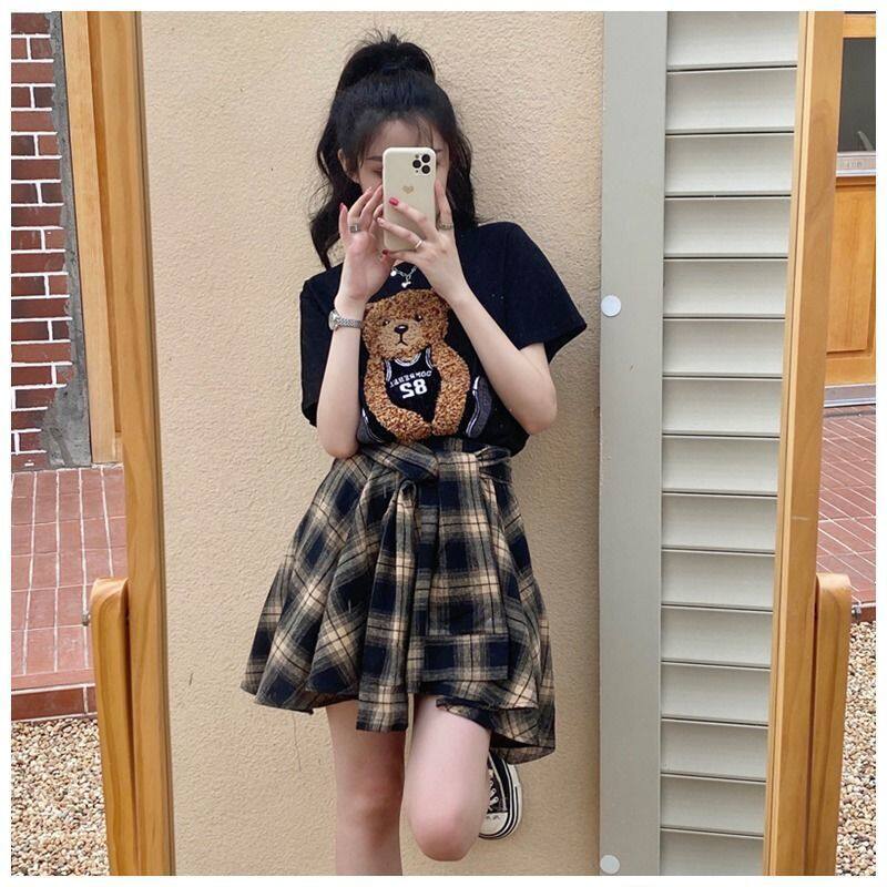 2 pices of salt system suits summer fashion female western style bear falbala skirts T-shirt - grid two-piece Fried street skirt