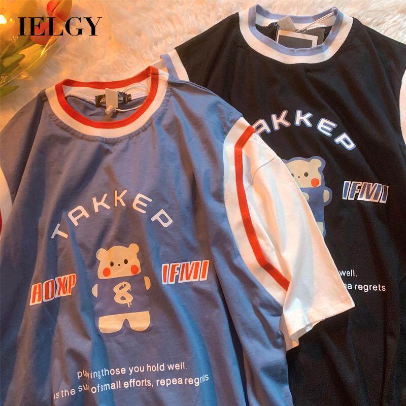 IELGY retro cute bear fake two-piece T-shirt male and female college style couple short-sleeved