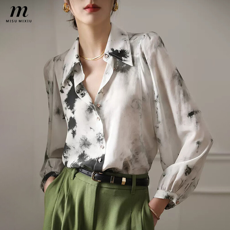 Misumixiu ink halo dyed silk shirt women's 2023 autumn long sleeve loose fitting french vintage high end silk shirt tops