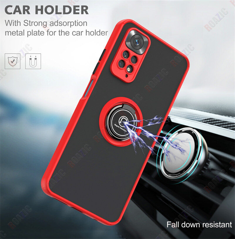 ROAZIC Cho Xiaomi Redmi Note 11 Note 11S Ốp Điện Thoại Phiên Bản Toàn Cầu Ốp Giữ Xe Hơi Từ Tính Mờ Mờ Ốp Lưng Chống Sốc Cạnh TPU Mềm Giá Đỡ Nhẫn