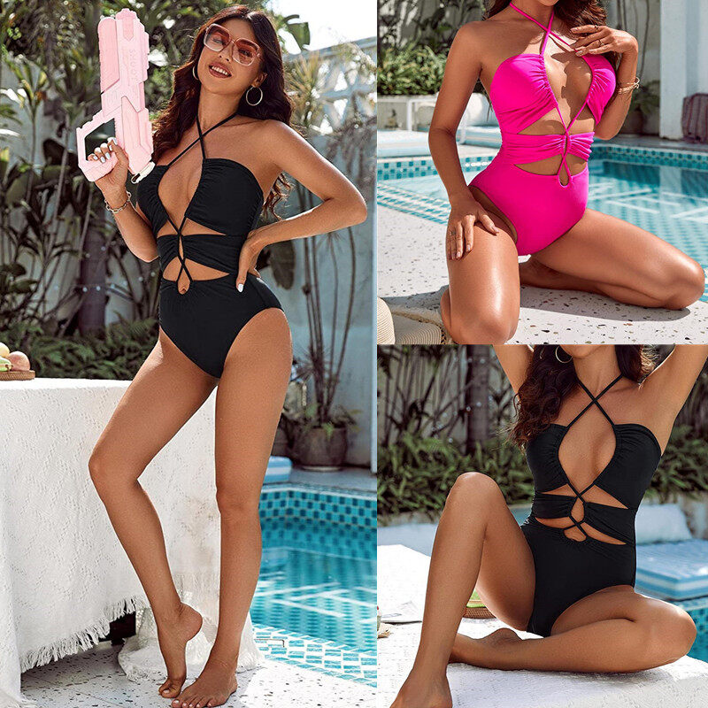 Happybuyner Damen-Bademode mit V-Ausschnitt, Neckholder, rückenfrei, einfarbig, schmal, für den Sommer, zum Schwimmen_voghion.com