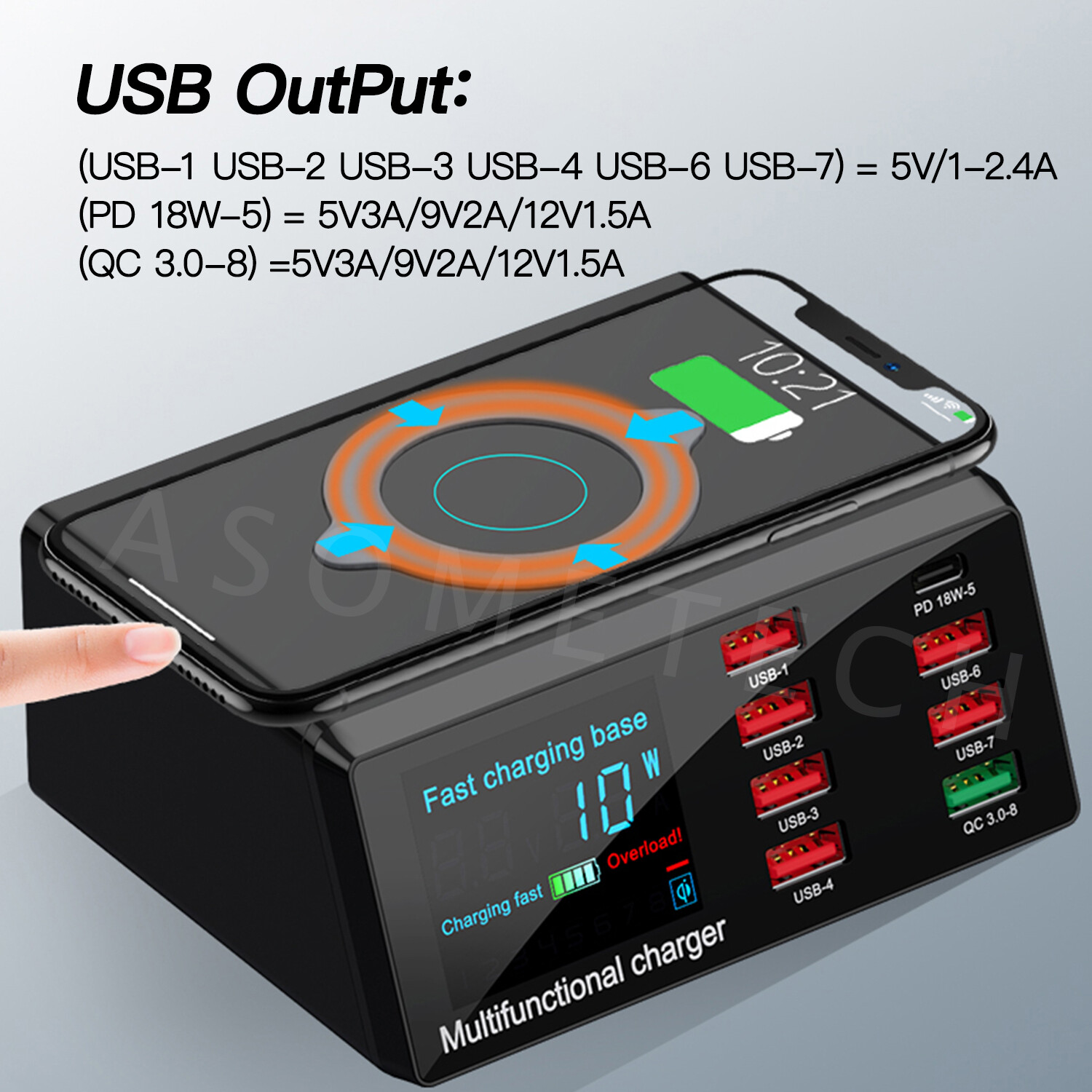 TOPZERO Bộ Sạc Đa Năng Thông Minh 8 Cổng 100W Bộ Sạc Nhanh Sạc Không Dây Bộ Sạc Nhanh USB PD Type C 3.0 18W Bộ Sạc Du Lịch Điện Thoại Màn Hình LED Thông Minh