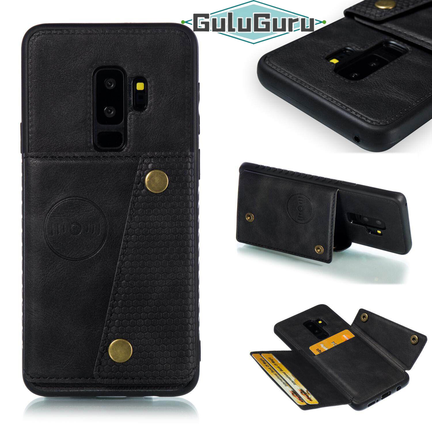 for Samsung S9Plus S9+ Leather Case Multiple Folio Flip Cover Wallet Back Case Shell, can work with Car Mount, Hidden ID Credit Card Slot Holder, Retro Metal Button Clasp, Stand Support