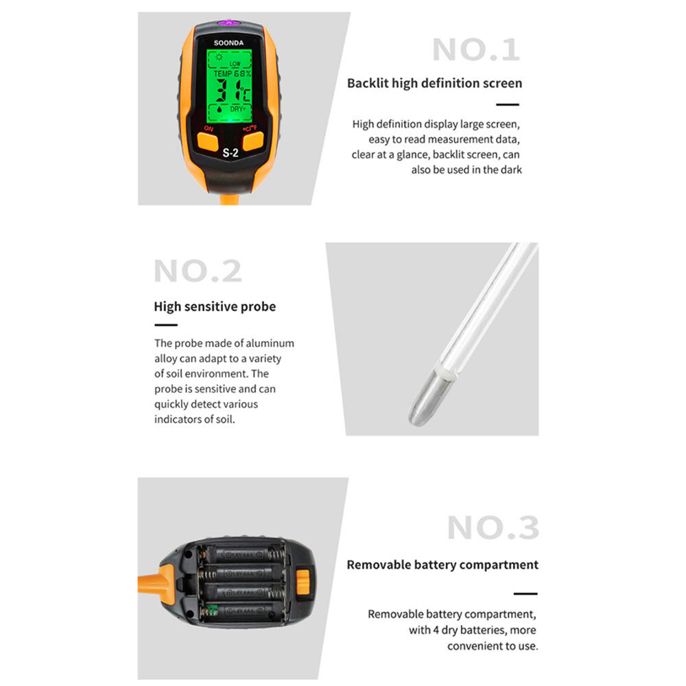 Smart Sensor 5-in-1 Soil Tester Multifunctional Soil Detector Moisture Meter pH Meter Temperature Soil/Ambient Moisture Sunlight Intensity pH Tester