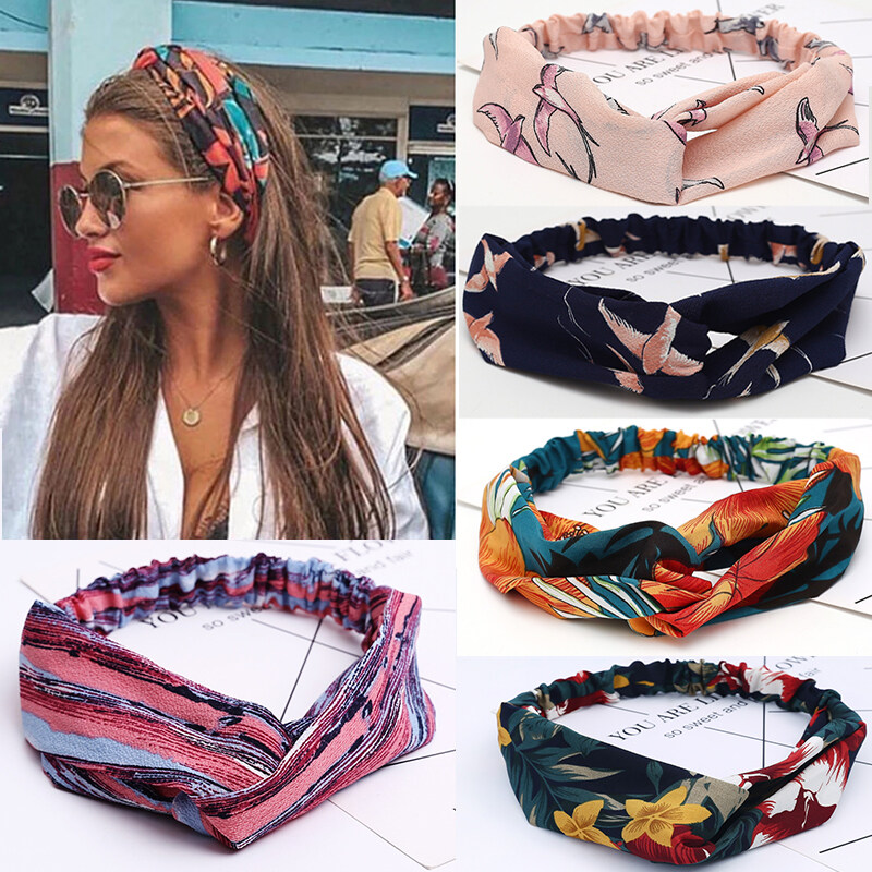 แฟชั่นผู้หญิงหญิงฤดูร้อน Bohemian ผมพิมพ์ Headbands Vintage ผ้าโพกศีรษะไขว้ผ้าพันคอ Bandanas HairBands อุปกรณ์เสริมผม