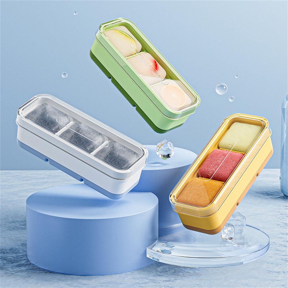 【Changelove】3 Grids Ice Cube Tray With Lid Soft Bottom Ice Cube Maker Mold Fruit Jelly Yogurt Cube Maker Household Ice Frozen Tools Kitchen Accessories