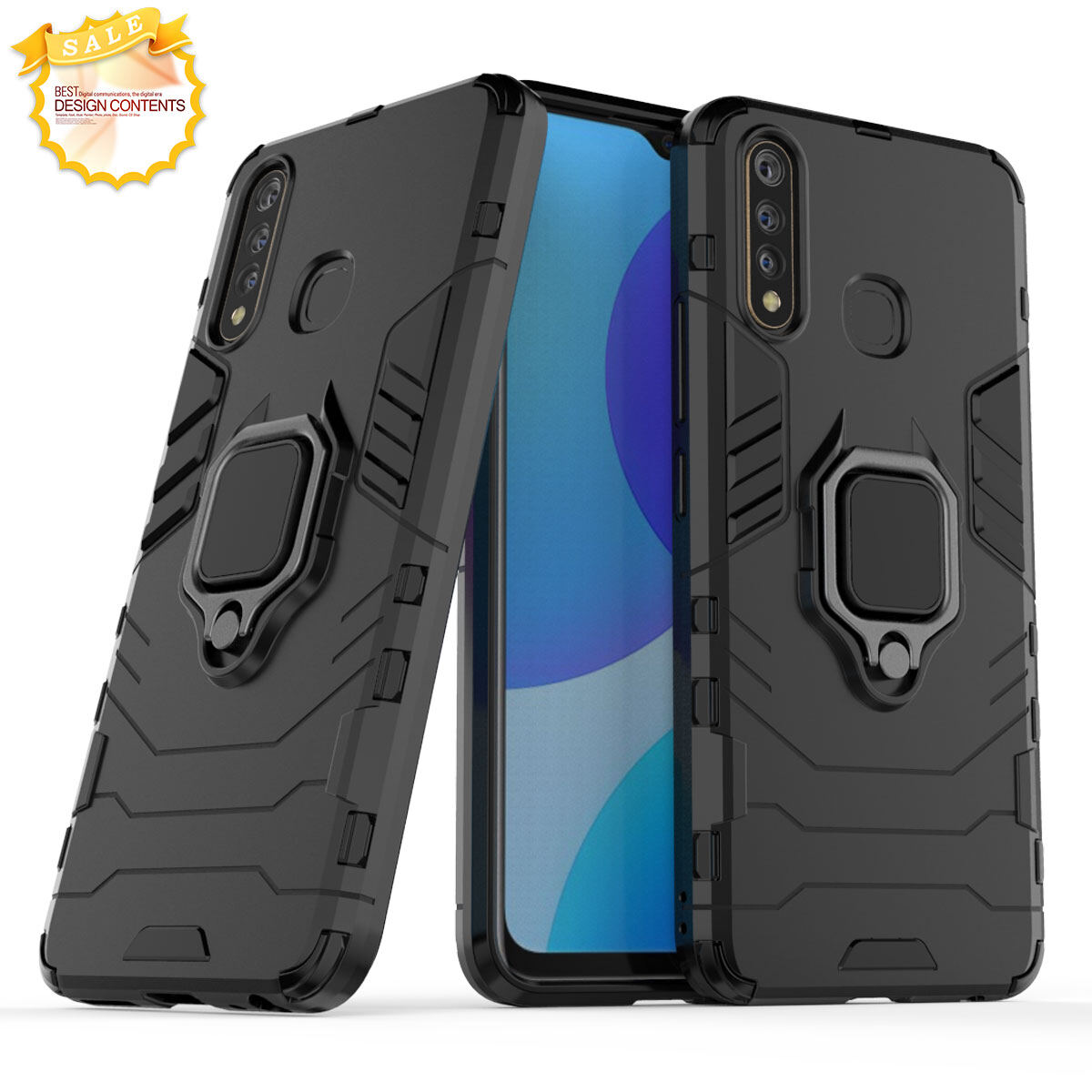 XICCI for Vivo Y19/U3 Case, Litchi TPU and Hard PC Luxury Armor Shockproof Metal Ring Holder Cover Phone Casing