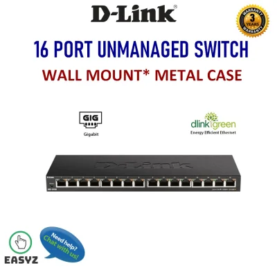 D-LINK DGS-1016S 16 Port Gigabit Port Wall Mount Unmanage Switch in Metal Case Slim Design