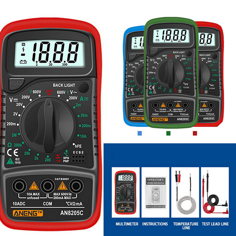 Ampe Kế AC/DC Đồng Hồ Đo Điện Áp Ohm Multimetro Có Cặp Nhiệt Điện, Đèn Nền LCD AN8205C-INTL