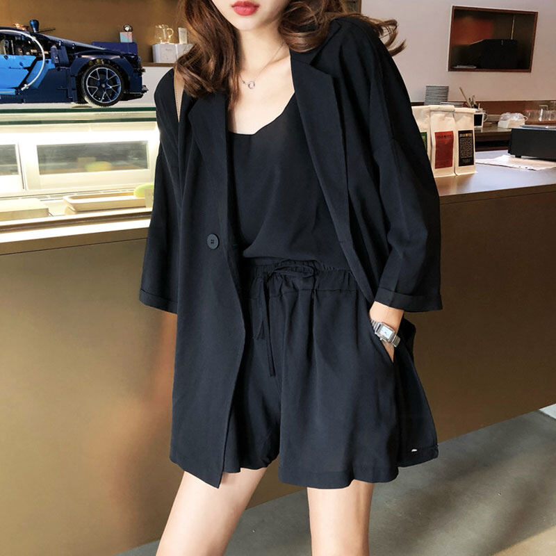 RULINWOODS 3Pcs Set quần áo bông nữ [Blazer+Tops+Shorts}