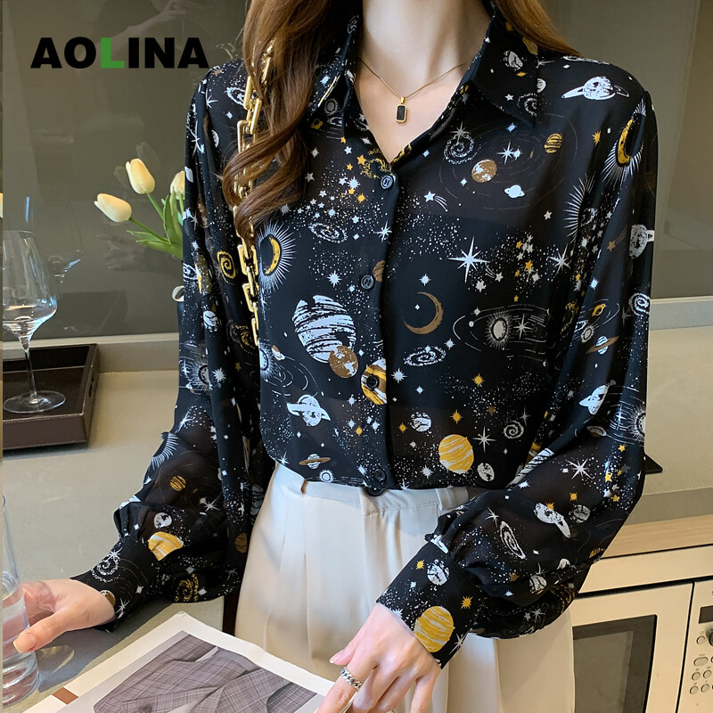 AOLINA New style thin style chic female design sense niche shirt long-sleeved see-through chiffon shirt