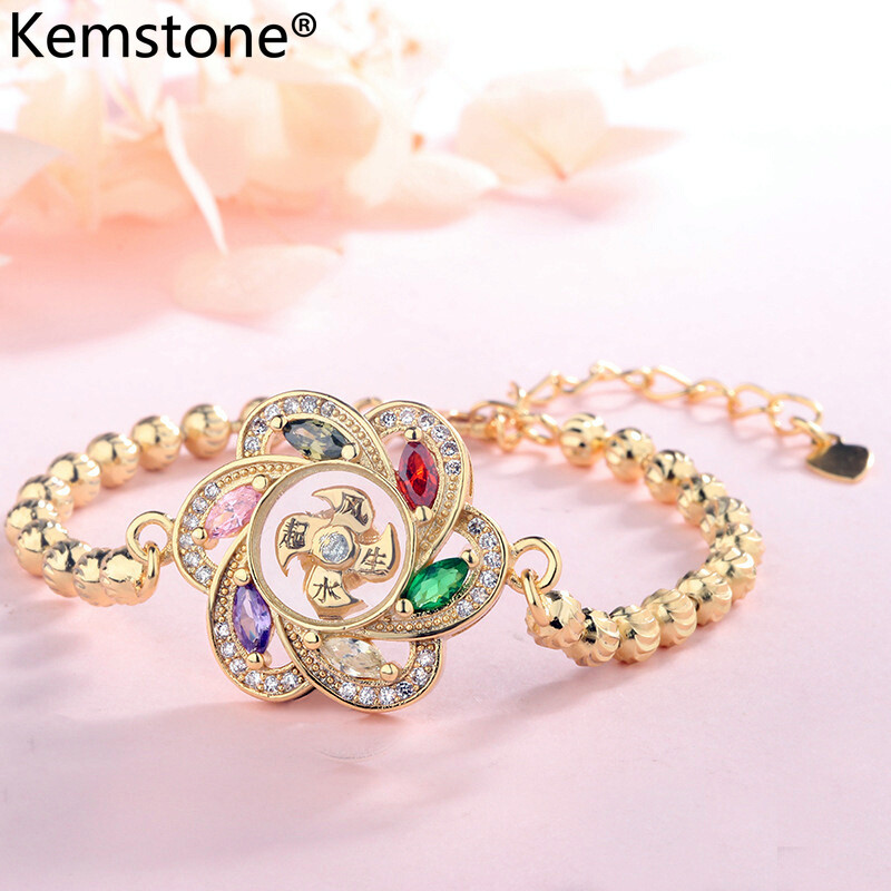 Kemstone Gold Plated Rotating Windmill Charm Crystal Bracelet for Women Chinese Feng Shui Jewelry