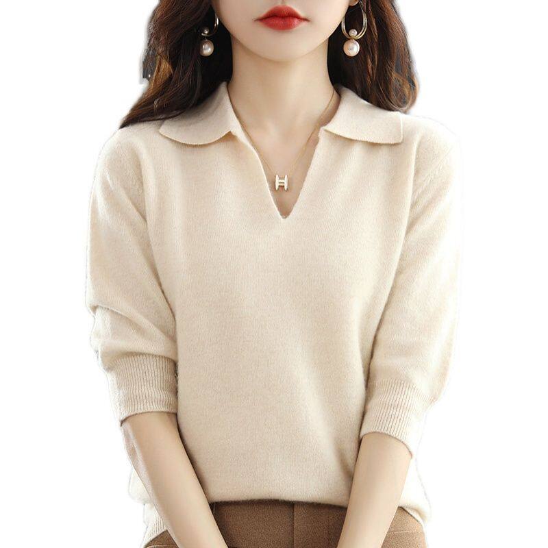 Áo Len Chui Đầu Màu Trơn Cổ Chữ V Thời Trang Quần Áo Nữ Áo Thun Dệt Kim Áo Thường Ngày Tay LửNg Áo Dệt Kim Cơ Bản Dáng Rộng Cho Nữ