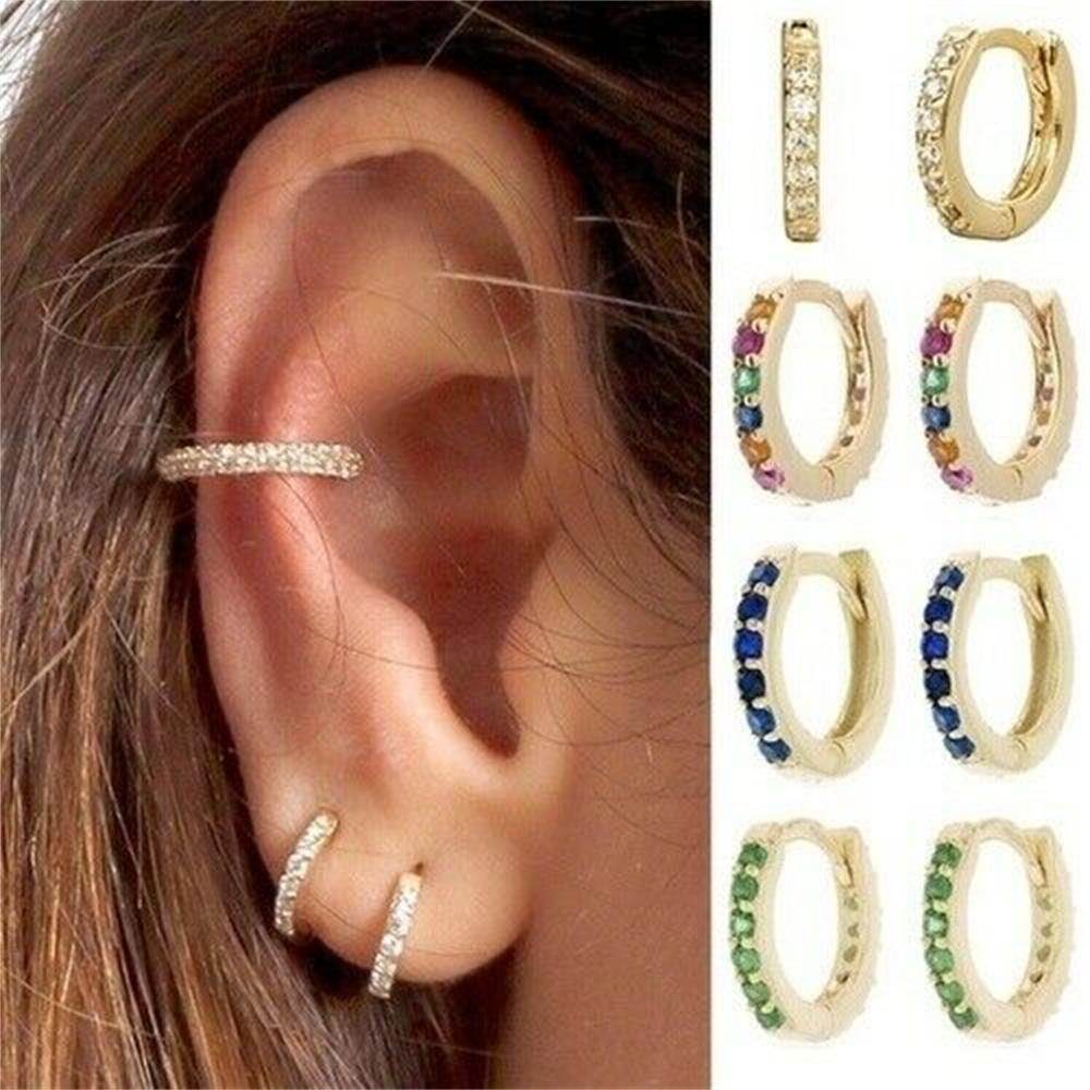 1 Pair Chic Fine Zircon Inlaid Earrings Women's 18K Gold Filled Cartilage Stud Hoop Earrings Dangle Jewellery