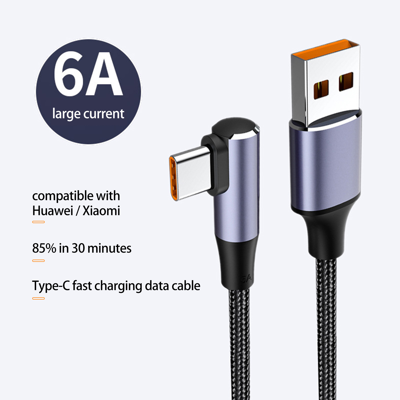 6A 100W Data Cable Universal High Current Braided Wire Tangle-free Fast Charging Elbow Design USB Type-C Mobile Phone USB-C Charger Cable for Office Practical Charging Cord