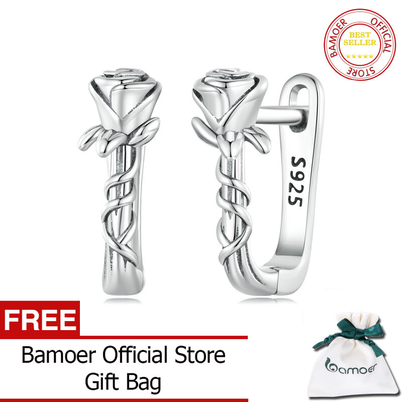 Bamoer 925 sterling silver rose u-shaped ear buckles rose vine earrings delicate jewelry for women gift bse716