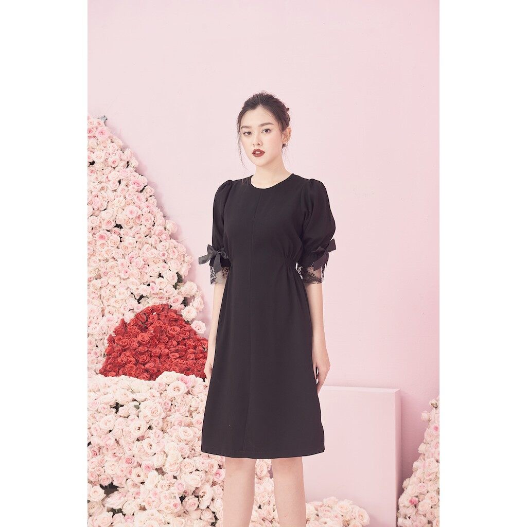 Rập - Đầm Đen Tay Ren Nhún Eo - PASTEL 06