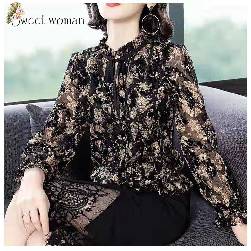 【SW】Chiffon autumn and winter floral long-sleeved fashion loose-fitting drawstring tulle top