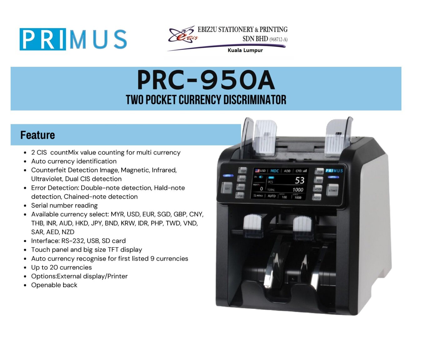 PRIMUS PRC-950A Two Pocket Currency Discriminator & Banknote Counter (2  Pocket Top Loading & Value Count) Sheetfed Scanner With Multiple Currency  Support Touch Panel And Tft Display - Lazada | Lazada