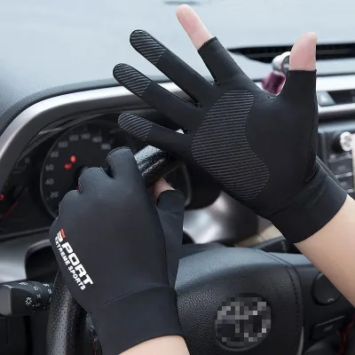 Sports Glof Ice Silk Riding Driving Gloves Two-Finger Fishing Gloves Non-Slip Fitness High-Elastic Ultraviolet Protection Gloves