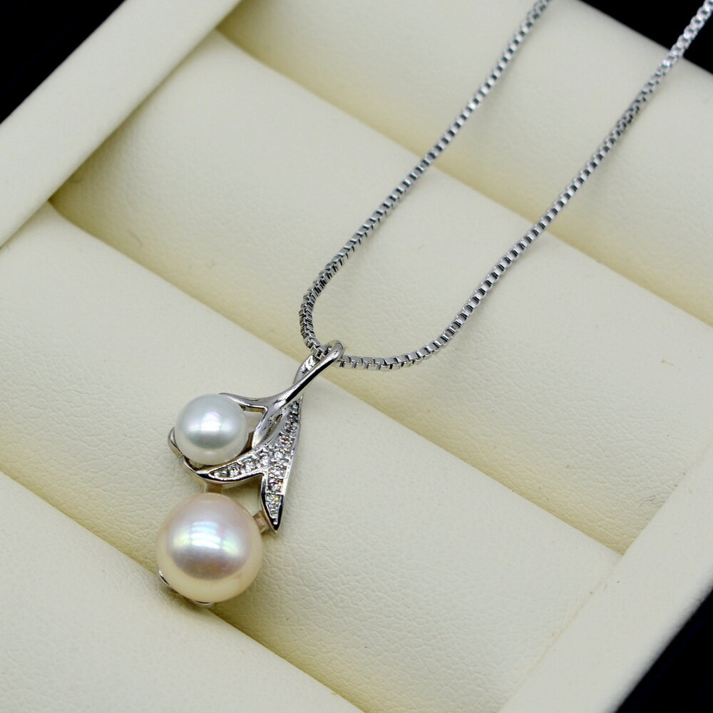 Double Bead Pendant Necklace Natural Freshwater Pearl Silver Necklace Round Pearl Silver Pendant Short Necklace Women's Necklace