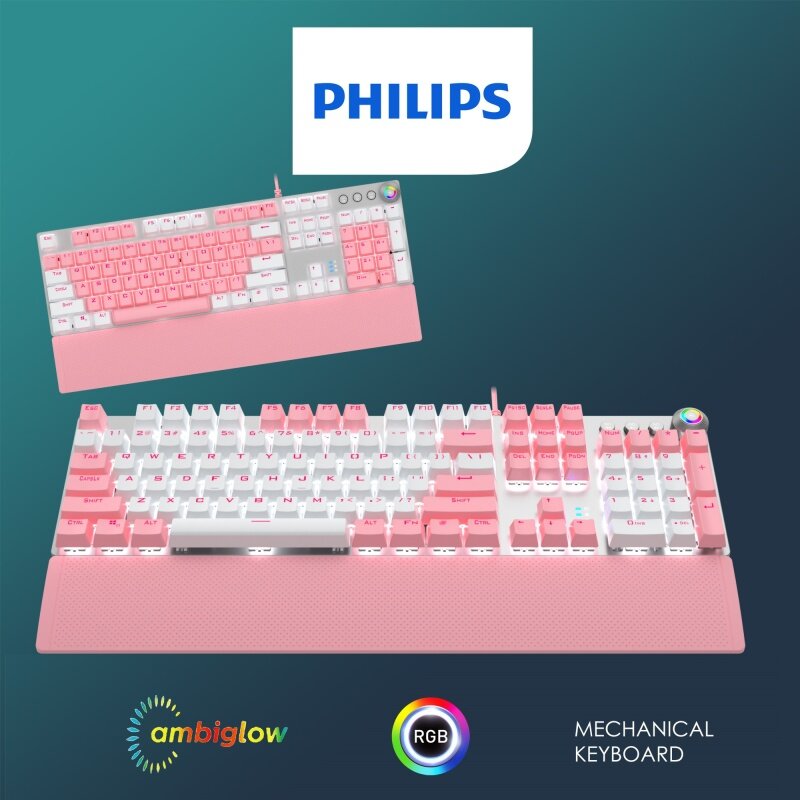 PHILIPS Momentum Special Edition Color Cap Mechanical Gaming Keyboard Series. 19s Ambiglow Chromatic FX Lighting Rainbow Backlit Wired Mechanical Gaming Keyboard C/w Magnetic Hand Rest & Dual-Mode Control Knob (Model- G614 / SPK8614) Malaysia