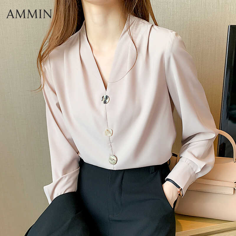 AMMIN French Long Sleeve V-neck White Shirt For Women 2021 New Retro Chiffon Top Casual Blouse
