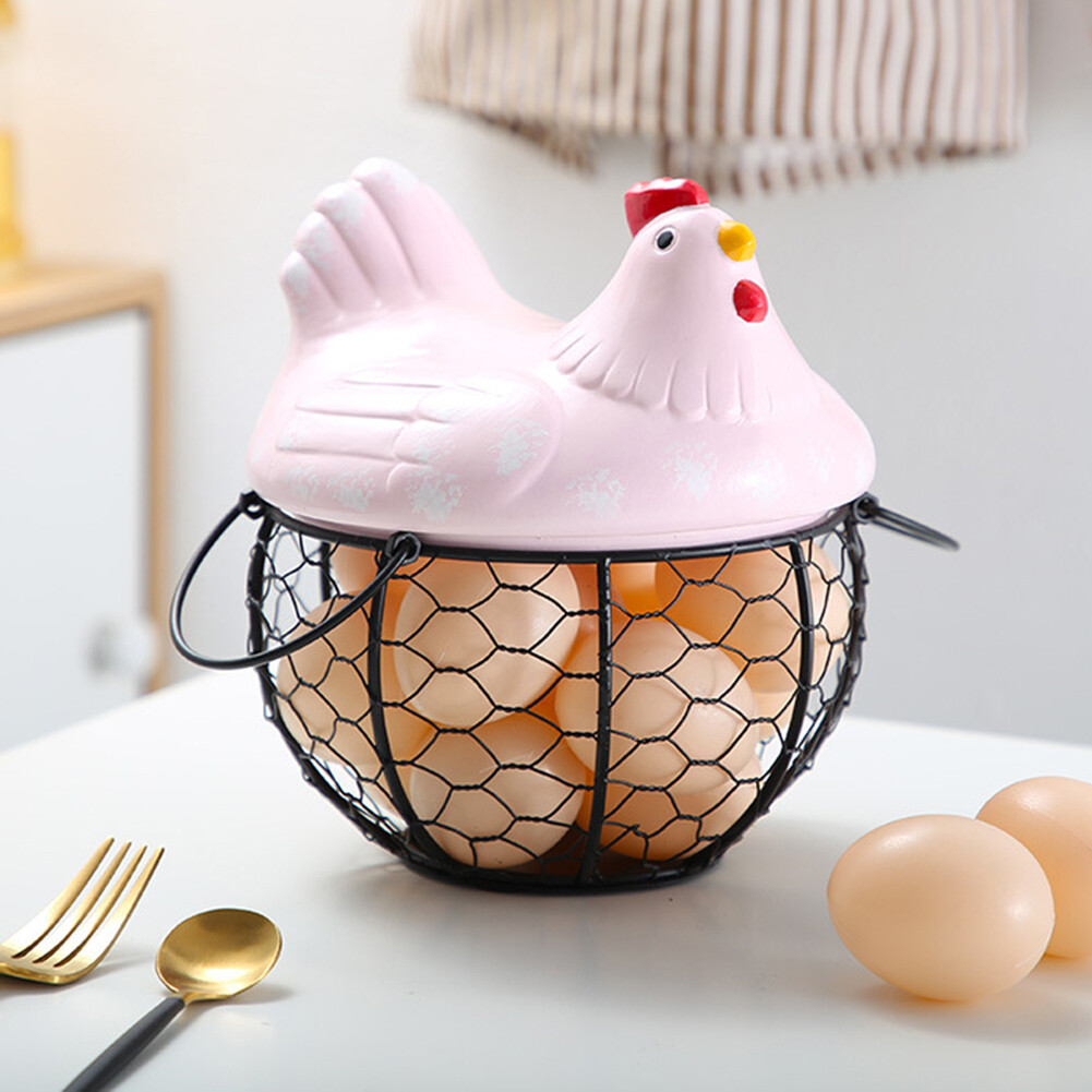 Terylin Iron Ceramic Hen Ornament Egg Fruit Storage Basket Container Kitchen Supplies