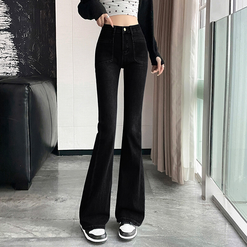 Yige black jeans women's autumn and winter 2023 new high waist slim slim slim floor slim flare pants