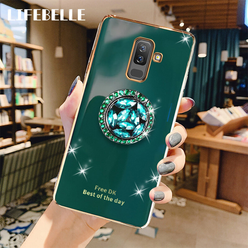 LIFEBELLE For Samsung A30 A31 A42 A50 A12 A52 A32 A33 A53 A22 A13 A11 Case with Rhinestone Finger Ring Stand, Luxury Slim Shiny Plating Bumper Phone Case Soft TPU Shockproof Protective Casing Back Cover