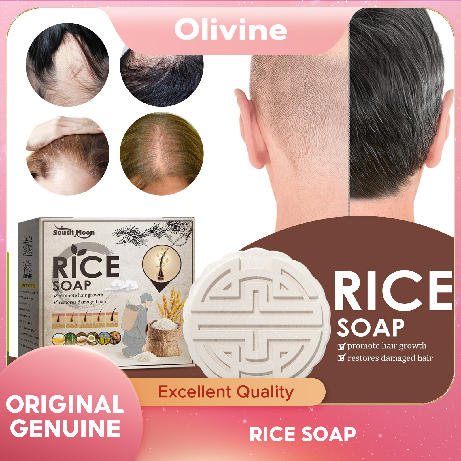 South Moon Anti-loss Hair Soap Bar Rice Shampoo Soap Reject Dry Hair Soap Shampoo Nourishing Hair Handmade Soap Improve Hair Rice Water Shampoo Bar Natural Dry Hair Conditioning Anti Hair Loss Moisturizing Nourishing Rice Handmade Soap