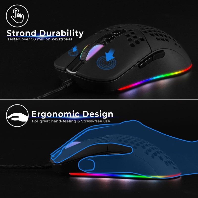 USB Wired Lightweight Gaming Mouse 5 RGB Backlit Mouse with 7 Buttons 7200DPI Honeycomb Shell Mouse for PC Laptop