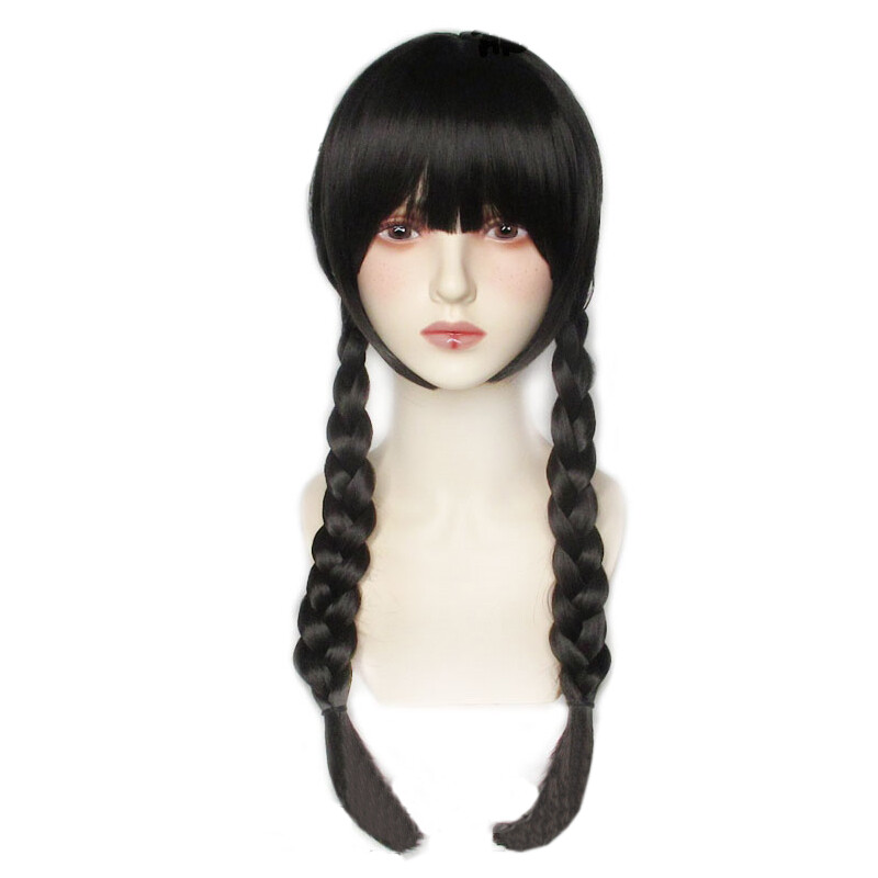 The Addams Family Cosplay Wig Comedy Wednesday Adams Wig Black Double Ponytail Wig High Quality Long Straight Hair Wig Cap