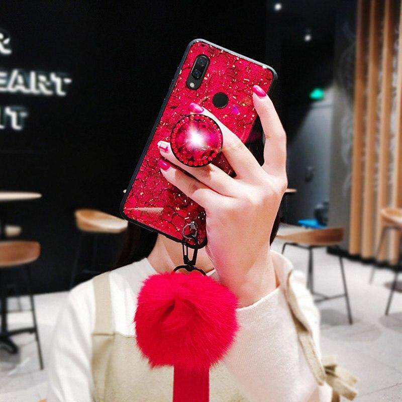 Untuk VIVO V11i/VIVO Z31/VIVO Z3 Mewah Foil Emas Bling Marmer Case Silikon Lembut Dudukan Berkilau Pemegang Pelindung OPPO V11i bola Bulu Strap Pergelangan Tangan Shell
