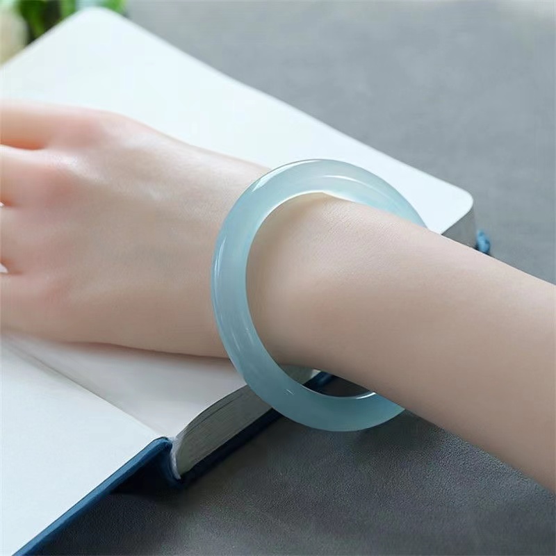 Natural Ice Sky Blue Agate First Thick Round Bar Bangle Light Blue Chalcedony Agate Bracelet Fat Round Bar