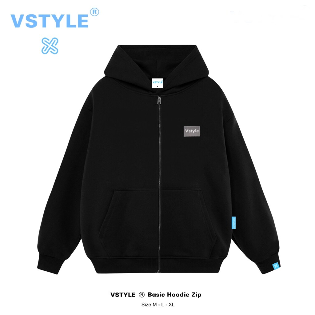 (FULL BOX) Áo Hoodie Zip Basic Logo Vstyle Unisex Local Brand - Đen