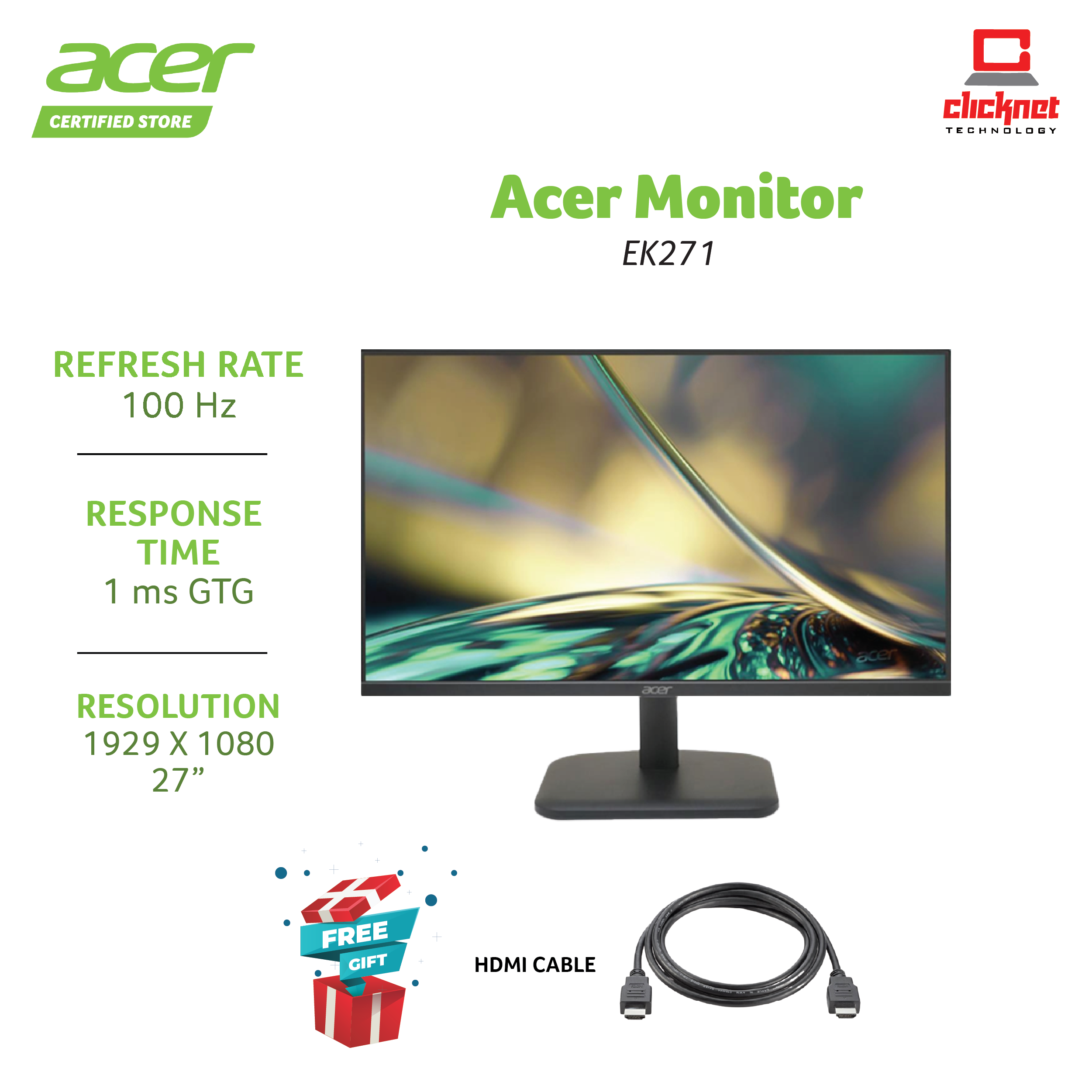 Acer Monitor EK271 EBI 27" Inch FHD 100HZ Lazada