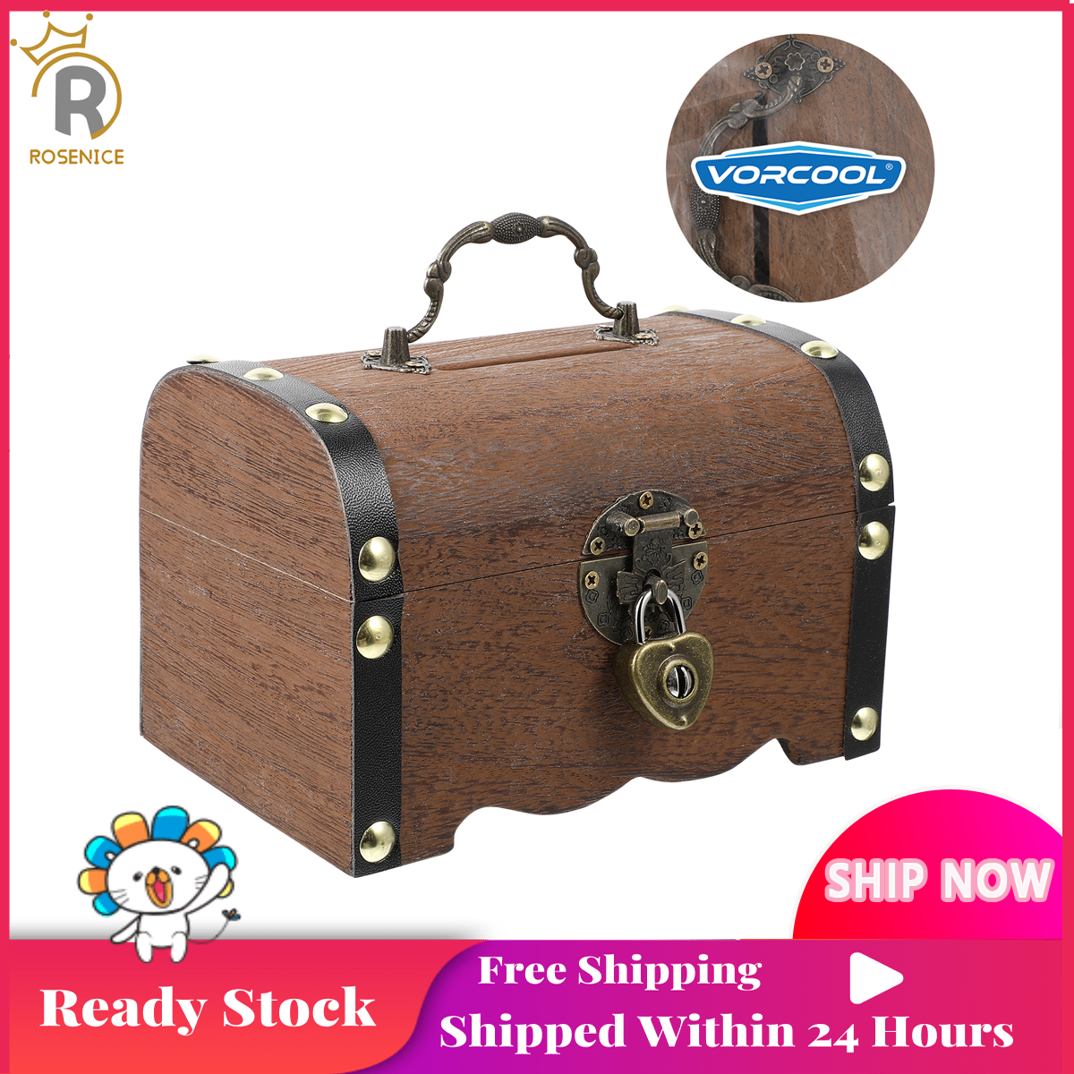 VORCOOL Vintage Treasure Storage Box Piggy Bank Organizer Wooden