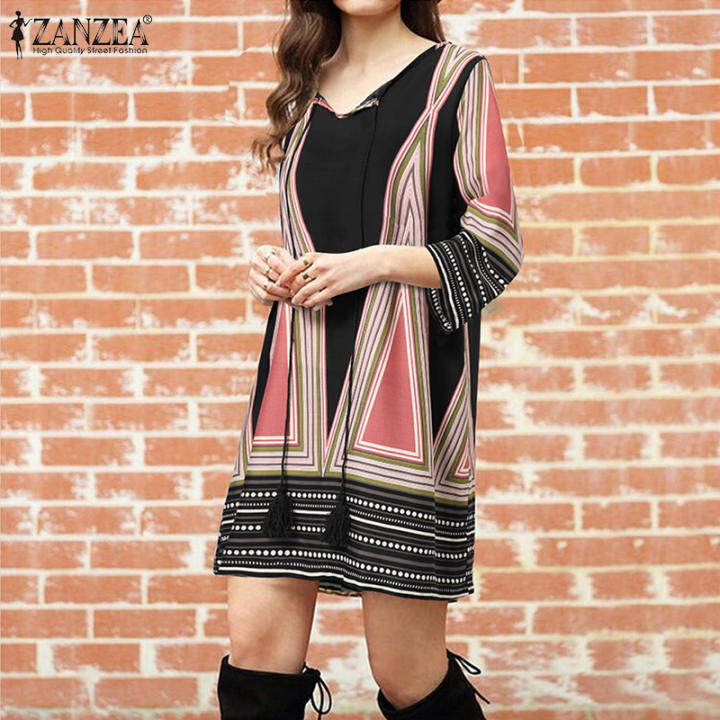 ZANZEA Đầm Nữ Mini Cổ Chữ V Tay Áo 3/4 In Họa Tiết Mùa Hè Đầm Xòe Đi Nghỉ Mát – zanzea >>> top1shop >>> lazada.vn