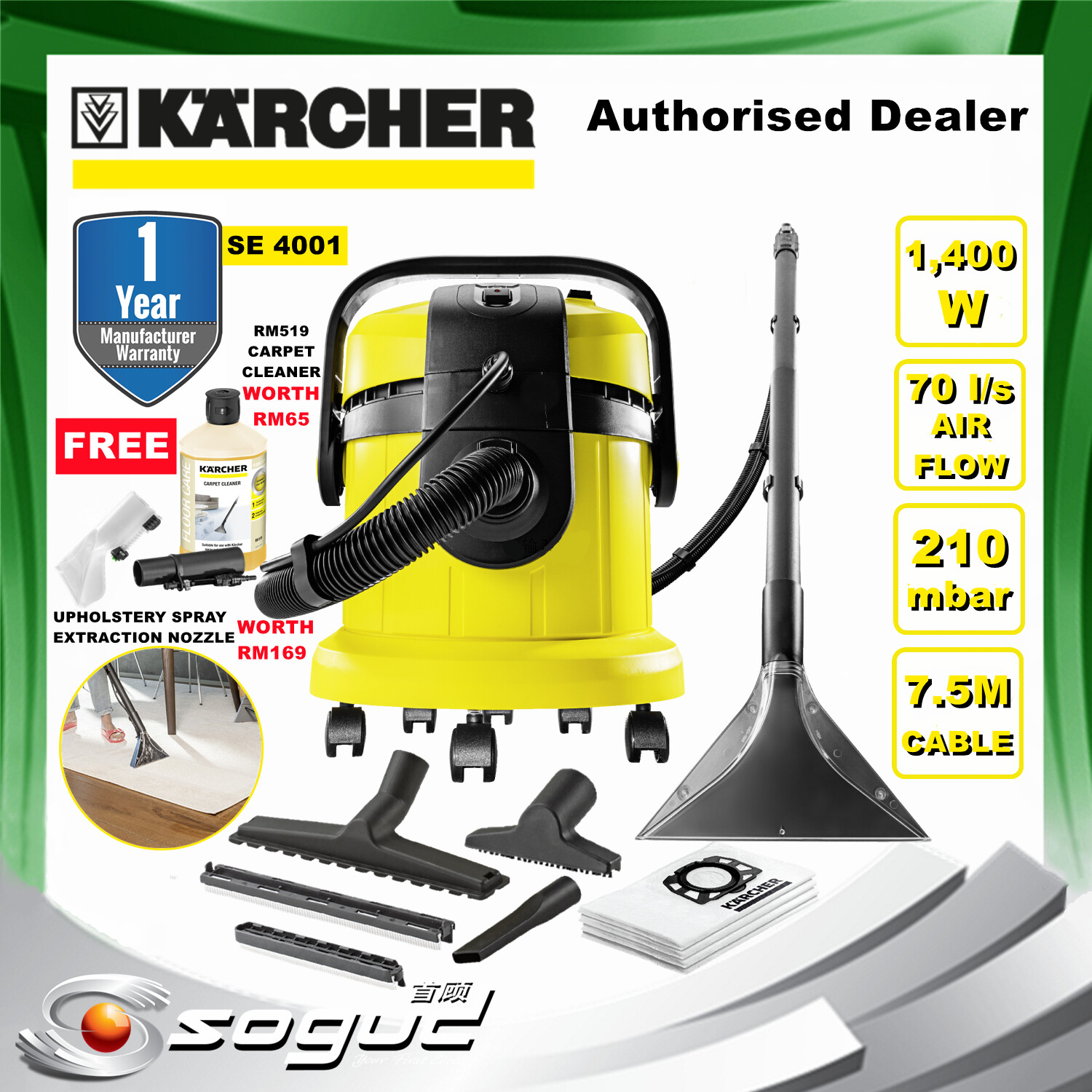 KARCHER SE4001 1400W 210mbar SPRAY EXTRACTION CARPET CLEANER UPHOLSTERY