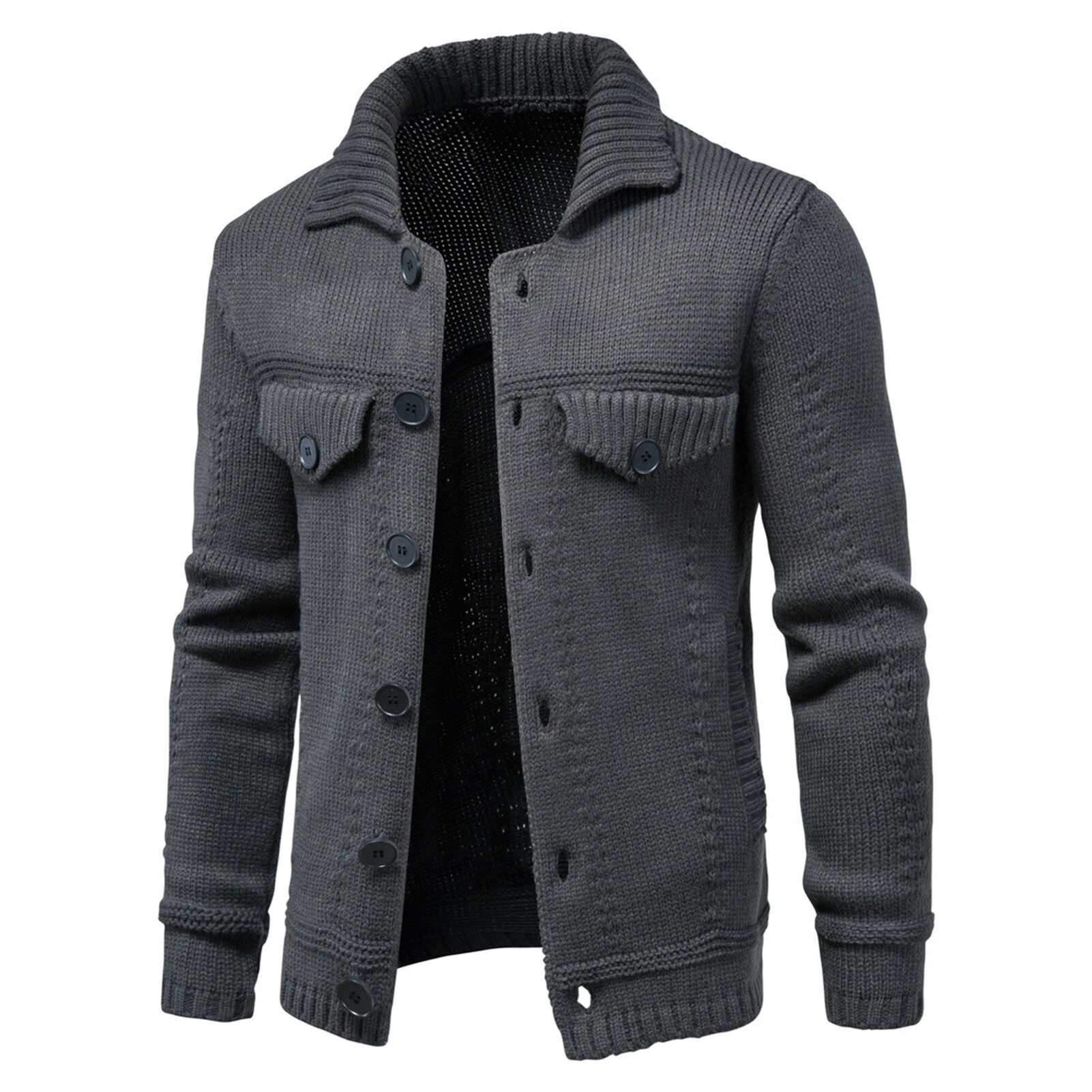 Men Sweater Coat Solid Color Single-breasted Buttons Cardigan Elastic Knitting Turn-down Collar Thick Anti-shrink Spring Coat for Daily Wear Men Jacket Buttons