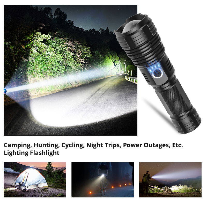 Đèn Pin LED XHP50 Mạnh Mẽ, Đèn Pin Sạc USB 5 Chế Độ Đèn Tập Trung Thu Phóng Được, Không Thấm Nước Đèn Pin Chiến Thuật Đi Bộ Đường Dài Ngoài Trời/Đạp Xe/Cắm Trại