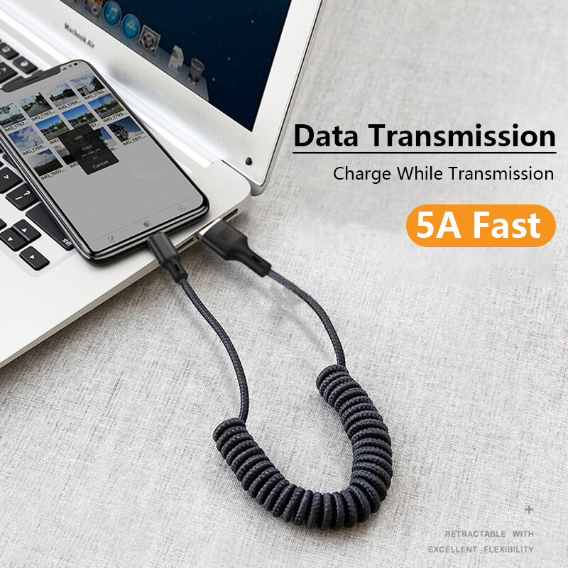VAORLO 5A Spring Stretch Charge Cable 1.5M Fast Charging Retractable Cables Micro Type-C Lighting Phone Data Cable USB Charger Cord